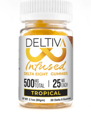 A bottle of Deltiva Delta-8 Tropical Gummies.