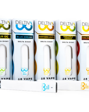 5 strains of Deltiva Delta-8 Disposables arranged side by side.