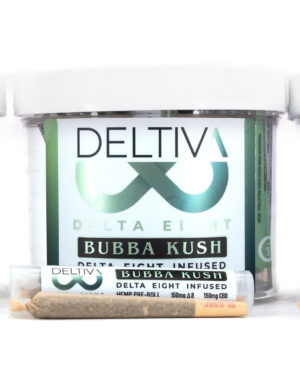 A group shot of Deltiva Delta-8 hemp pre-roll joints in the packaging tubs. Three tubs from left to right: Lemon Haze, Bubba Kush, and Grandaddy Purp wit some pre-roll joints scattered in front of each.