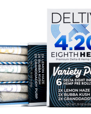 Deltiva Pre-roll variety packs. One open laying on its side with the pre-rolled joints exposed.