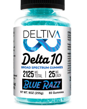 A bottle of Blue Razz Deltiva Delta-10 Gummies